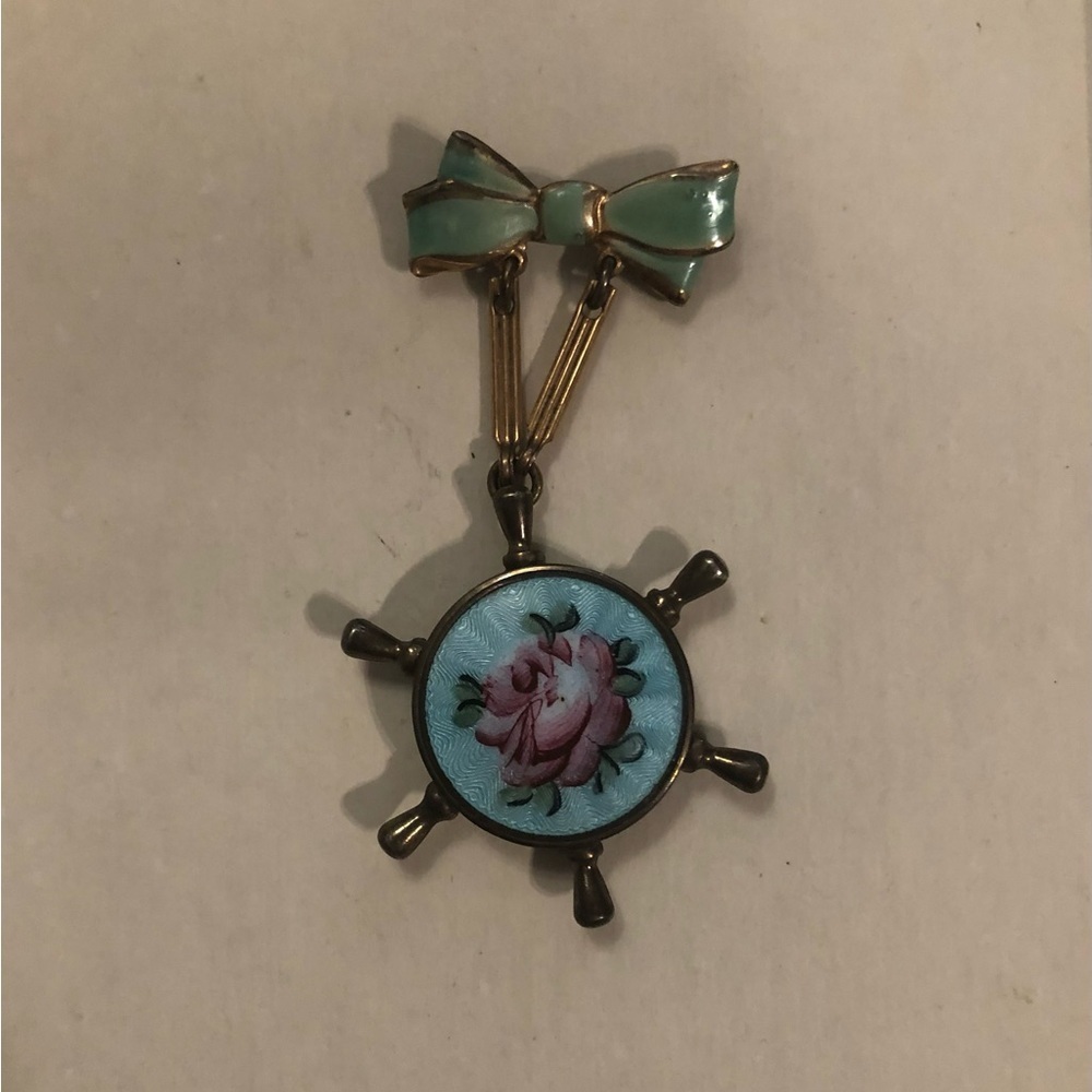 Vintage Guilloche Rose Enamel Picture Locket Pin Brooch